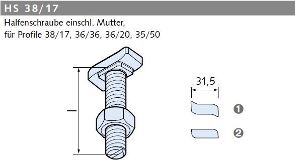 Halfenschraube HS 38/17 | M12 x 30 | GV-S 4.6 M12 | 30